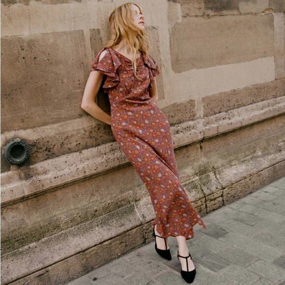 NWT Doen Beatriz Silk Ruffle Short Sleeve Maxi Dress Rouge Adaline Medallian - Picture 4 of 11